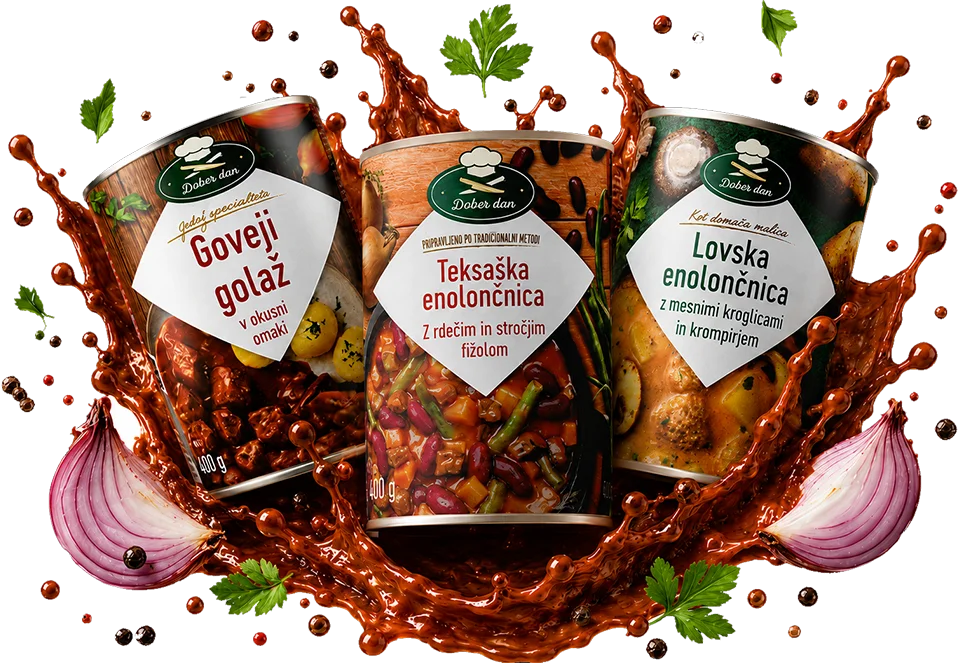 Konzerve Dober dan: goveji golaž, teksaška enolončnica in lovska enolončnica