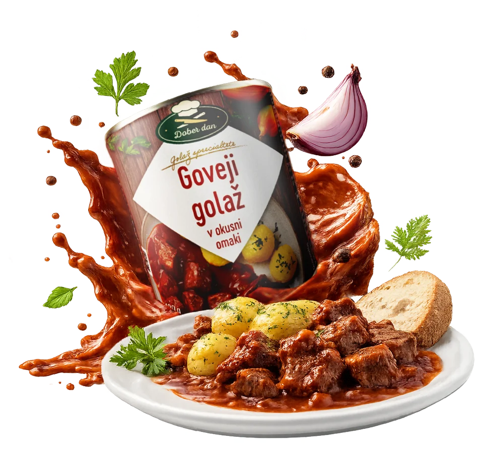Dober dan goveji golaž s krompirjem na krožniku
